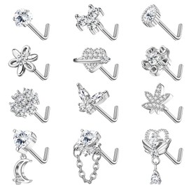 Kakonia Pack of 12 20G Nose Piercing Studs for Women Stainless Steel Nose Stud Silver L S Shape Corkscrew Piercing Nose Stud Nostril Piercing for Women, Stainless Steel