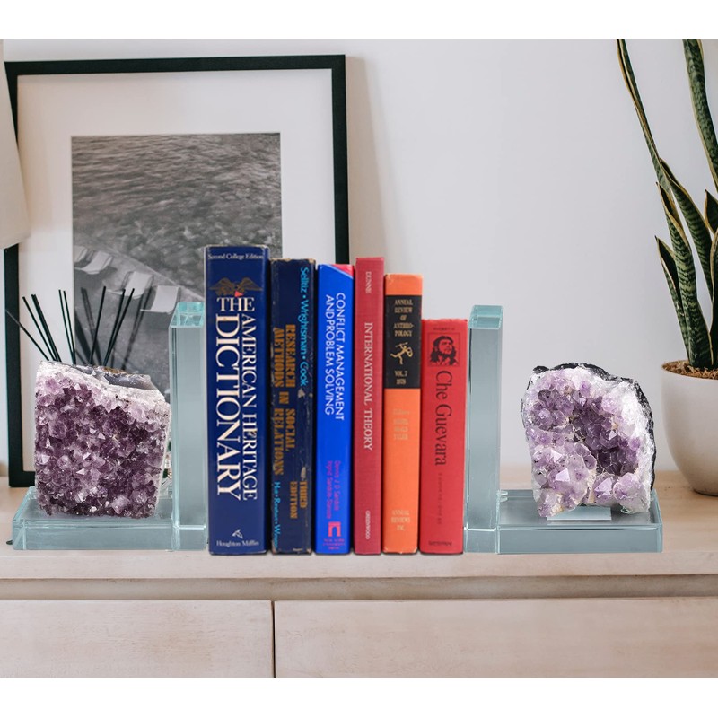 AMOYSTONE Heavy-Duty Amethyst L-Shaped Glass Bookends, 1 Pair (4-6 LBS)