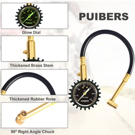 Motorcycle Tire Pressure Gauge 60 PSI, PUIBERS 2’’ dial Mechanical Tire Gauges with 90 Degree Right Angle Chuck Flexible Hose, Tires Guages for Pressure Glow in The Dark for Cars, Motos, Bicycles