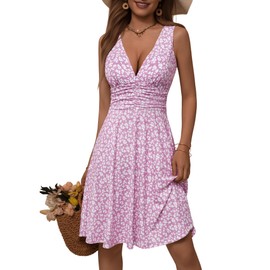 OURIN Spring 2025 Sundresses for Women Casual Easter V Neck Flowy Summer Vacation Bridal Baby Shower Wedding Guest Dress(Pink Floral,X-Large)