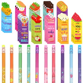 Teling 60 Pcs Inspirational Scented Pencils and Scented Bookmarks Sets Funny Smelly Pencils with Eraser Theme Bookmarks Cute Stationery Bulk for Reading Rewards Party Favors(Vivid)