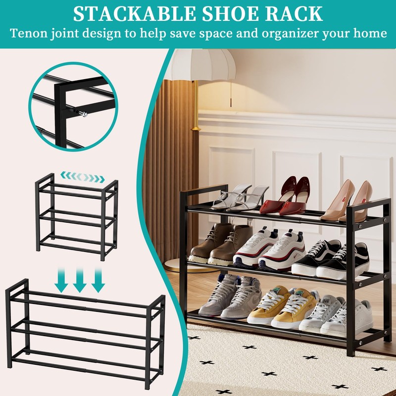 EKETE Expandable Shoe Rack,Adjustable and Stackable 3-Tier Shoe Rack Organizer,