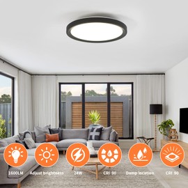 HueShade 12 Inch LED Flush Mount Thin Ceiling Light Fixture Modern Black Waterproof 1600LM 24W Dimmable Close to Ceiling Lights Round Lamp for Bedroom Bathroom ETL(No bulb)