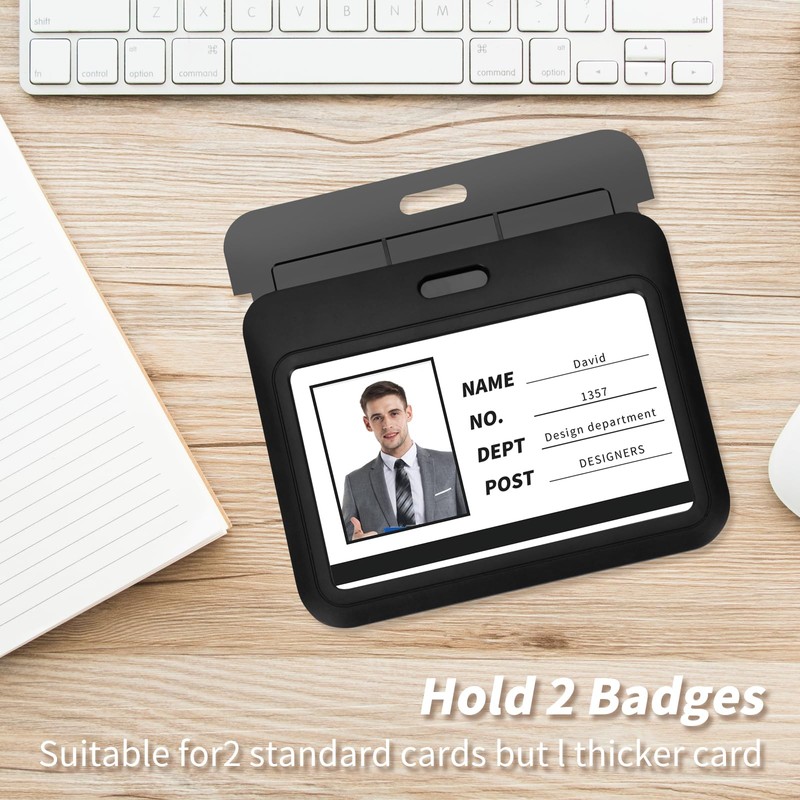 3 Pack Sliding ID Badge Holder, Black Horizontal Hard Plastic