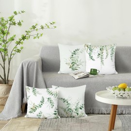 Bonhause Eucalyptus Leaves Cushion Covers 45 x 45 cm Sage Green Leaf Flower Decorative Throw Pillow Covers for Sofa Couch Bed Home Spring Garden Patio Decor Set of 4