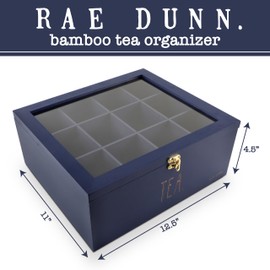 Rae Dunn Tea Bag Organizer - Tea Box Divided Storage Container Box with Hinge Lid for Kitchen Cabinet, Countertop, Pantry, Hold Coffee Pods, Seasoning Packets, Condiments, Blue