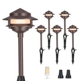 Gardencoin Pagoda Low Voltage Landscape Pathway Lights, 12V Outdoor LED Path Lights Wired, Aluminum Walkway Lighting with 4W 2700K Replaceable G4 Bulb, Bronze Classic 2-Tier Lantern, 6 Pack