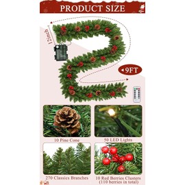 TURNMEON Dual Color Change 9 Ft Prelit Christmas Garland Remote Control Warm White & Multicolor Lights Timer 8 Modes Christmas Decorations 270 Thick Branch Red Berries Pinecones Decor Indoor Outdoor