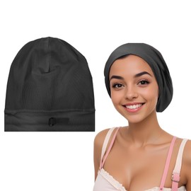 COMNICO Satin Bonnet for Sleeping, 1Pcs Adjustable Satin Lined Sleep Cap Hair Wrap Cover Slouchy Beanie with Adjustable Strap for Women Natural and Curly Hair Braids(Black)