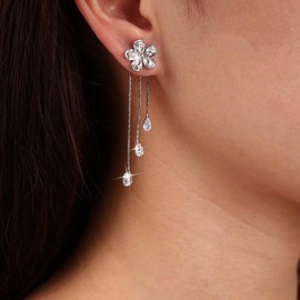 Atentuyi Boho Wedding Teardrop Rhinestone Drop Dangle Earrings Silver Crystal Flower Stud Earrings Tiny Cz Tassel Chain Earrings Small Flower Earrings Jewelry for Women and Girls