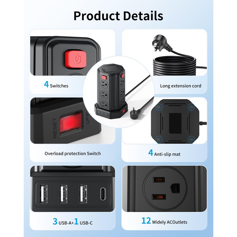 Power Strip Surge Protector, 6.5 Ft Extension Cord with 12