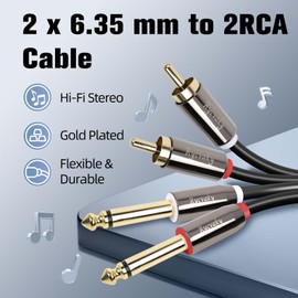 rycvaky Dual 1/4 inch TS to Dual RCA Cables, Gold Plated Heavy Duty 1/4 Male to RCA Male Adapter Stereo Audio Interconnect Cable,2 x 6.35mm Mono Male TS to 2 RCA Male Cord, 15ft,1 pk