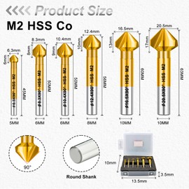FOCSTOL Countersink Drill Bit HSS Set - 90° Titanium Countersink Drill Bit Set with Round Shank for Stainless Steel Copper Aluminium Wood Plastic 6 Pieces (6.3/8.3/10.4/12.4/16.5/20.5 mm)