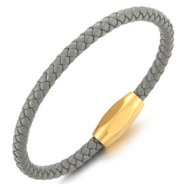 COOLSTEELANDBEYOND Minimalist Men's Women's Thin Braided Leather Bangle Sweatband Bracelet Stainless Steel Oval Magnetic Clasp, Grey Leather, No gemstone