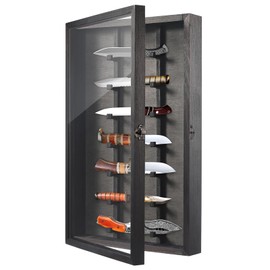 Triceratops Knife Display Case with Lockable Clear Acrylic Door, Wall Mount Wooden Knife Display Stand, Pocket Knife Display Cases for Storage, Collection, Holds up to 7 Knifes (Black)