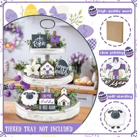 Guoofu Easter Tiered Tray Decor, Farmhouse Tray Decorations, Happy Easter He is Risen Cross Eggs Lily Sheep Religious Wooden Signs, Rustic Easter Faith Decor for Home Table Shelf Mantel Church Party
