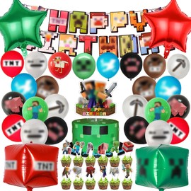 Huangzd 50 Pezzi Kit Compleanno Pixe Bambini, Palloncini Decorazioni
