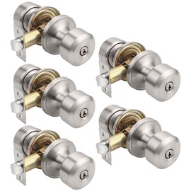 KNOBWELL Keyed Alike Door Locks in Brushed Nickel Finish, Keyed Entry Door Knob for Exterior Interior Door, Combo Pack Cylindrical Shape Door Knobs, Exterior Door Handle, 5 Pack