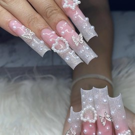 BABALAL Bling Press on Nails Long Square Fake Nails Pink Glitter Stick ons Nails Star Bow Heart Charms Design 24Pcs Thick Squoval Full Cover False Nails