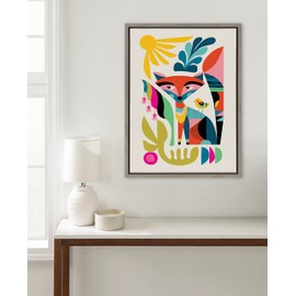Kate and Laurel Sylvie Mid Century Modern Fox Framed Canvas Wall Art by Rachel Lee of My Dream Wall, 18x24 Gray, Colorful Abstract Animal Nursery Art for Wall
