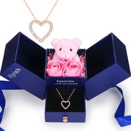 llyish Birthday Women Gifts Artificial Rose Flowers Bear Gifts Box with Heart Necklaces for Her Mom Girlfriend Wife on Anniversary Mother's Day Valentine's Day