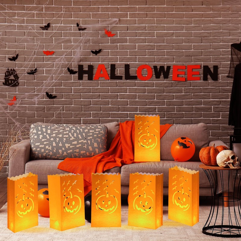 Honoson 24 Pcs Halloween Luminary Bags Fire-Retardant Material Pumpkin Orange