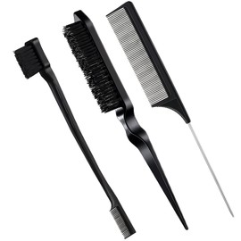 3Pcs Slick Back Hair Brush Set, Curly Hair with Edge Brush, Teasing, Bristle, Rat Tail Comb for Women(Black)