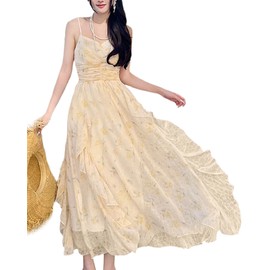 Babalet Women Floral Corset Dress Boho Midi Dresses Spaghetti Strap V Neck Smocked Elastic Back Ruffle Flowy Dress Summer Beach Holiday Sundress 2025, ApricotFloral,M