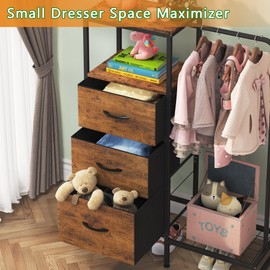 AFLUI 3 Fabric Drawers Dresser with Hanging Rack & Open Shelf, Small Kids Dresser & Chest of Drawer with Clothes Rack for Bedroom, Closet, Entryway, Rustic Brown
