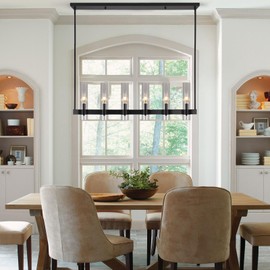 GZDEZCL Black Linear Chandelier 42" Dining Room Light Fixtures Over Table 6 Light Large Modern Farmhouse Chandelier Hanging Pendant Light Rectangle Kitchen Island Lighting with Glass Shade