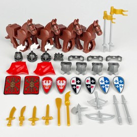 TRavesty Weapon Pack for Mini Figures, Medieval Knight Weapon Package Accessory Kit Includes Helmsd, Armor, Shield, Capes Barding, Horses Compatible with Large Brands