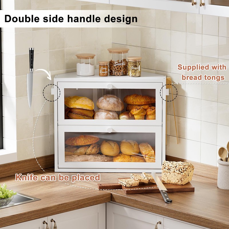 WOWLIVE Corner Bread Box for Kitchen Countertop, Large Double Layer