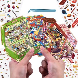 4 Sets DIY 3D Fun Mini House Sticker Scenes with Tweezers Make Your Own Dessert Shop Circus Opera Scenes Treasure Box Scene Stickers Cute Micro Room Craft Stickers for Relief Stress Pass The Time