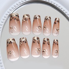 Press On Nails, Gold Foil Glitter Designed in Glue on Nails, Golden Line Fake Nails, Short Square Almond Ballet Shape for Stick On Nails on 24PCS (Short Ballet Leopard)