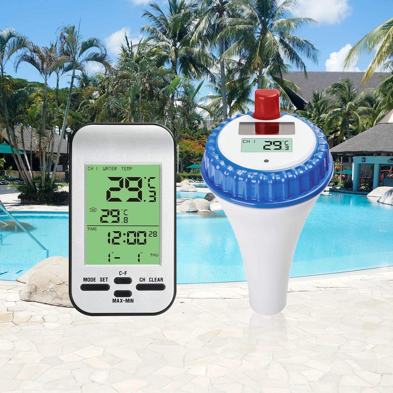 AMTAST Wireless Solar Swimming Pool Thermometer with Calendar Alarm Clock