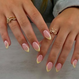 SXVME 30 Uñas Postizas Amarillas Francesas, Almendradas Cortas, Con Pegamento, Forma De Estilete Medio, Uñas Acrílicas Naturales Para Mujer, 15 Tamaño