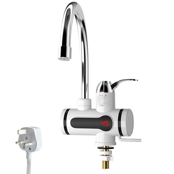YOPOTIKA Electric Instant Hot Water Tap 3000W 220V 3sec Tankless with LED Temperature Digital Display 360 Degree Rotatable Kitchen Fast Heating Heater for Bathroom, White, UK Plug