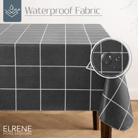 Elrene Home Fashions Windowpane Plaid Water- and Stain-Resistant Vinyl Tablecloth with Flannel Backing, 60 Inches X 120 Inches, Rectangle, Black
