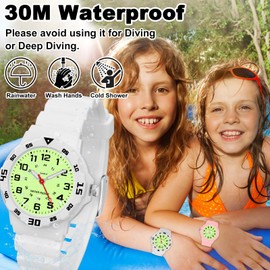 Kids Analog Watch for Girls Boys Children Teens, 5-12 Years Old, Learning Time and Easy to Read Luminous Dial, Wrist Watch with Soft Band, 30M Waterproof (White-Luminous)