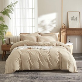 YASMENG Linen-Textured Duvet Cover Set King Size Beige, Organic Soft Breathable Linen Cotton Blend Vintage Comforter Cover Set, 3 Pieces Minimalist Pre-Washed Cotton Bedding Duvet Cover