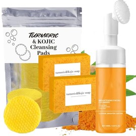 Set De 3 Piezas Para El Cuidado Y Lavado De La Piel Con Cúrcuma, Trío De Cúrcuma: Jabón De Ácido Kójico/Discos Faciales/Gel Limpiador Facial Con Cepillo, Jabón De Cúrcuma, Jabón De Cúrcuma,