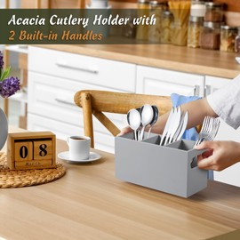 DRASTAR Wooden Silverware Caddy, Flatware Cutlery Holder, Kitchen Utensil Holder for Countertop, Silverware Organizer Containers for Party, Gray