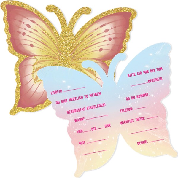 TERJBG Pack of 12 Invitation Cards for Children's Birthday Girls, Butterfly Invitation Cards Birthday for Girls with Envelopes and Stickers, Ideal for Children's Birthdays and Wedding Parties