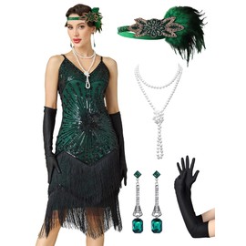 RRYIO Women's Flapper Dresses 1920s,Great Gatsby Dresses Sequin Fringe Cocktail Dress Roaring 20s Dress for Harlem (Green, XL)