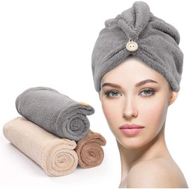 YFONG - Juego de 3 toallas de pelo de microfibra con botón, toalla de pelo súper absorbente para cabello rizado, envoltura de pelo de secado rápido para mujeres, toalla de microfibra antiencrespamiento