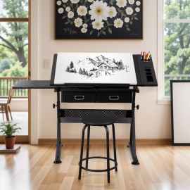 SEGAWE Adjustable Drafting Desk Workstation Set in Black MDF with Stool and Drawer