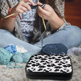 Vanideaoty Cow Pattern Crochet Hook Case with Web Pockets Knitting Needle Case Portable Crochet Storage Organizer Empty for Travel