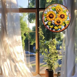 Sunflower Stained Glass Suncatcher Window Hangings, 8 Inch Hand-Painted Sun Catchers for Windows Garden Bedroom Living Room Decor Suncatchers Window Ornament Sunflower Gifts for Birthday Mothers Day