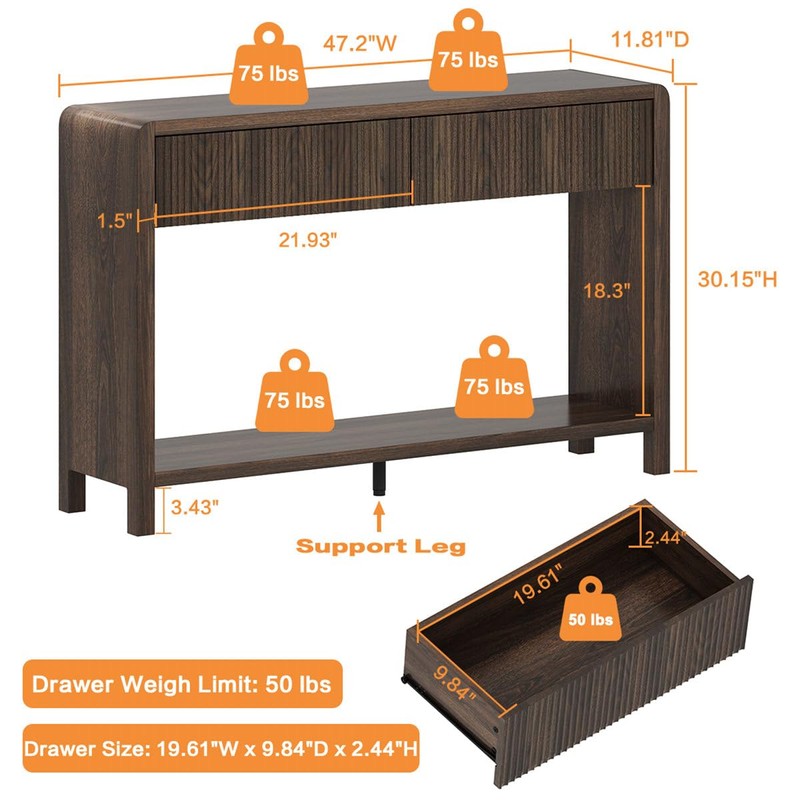 FATORRI Console Sofa Table with 2 Drawers, Wood Couch Table