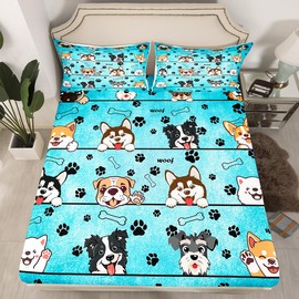 Manfei Cute Dog Fitted Sheet Set Full Size 4 Pcs,Black Paw Print Blue Teens Sheets,Cartoon Puppy Pet Animals Bedding Sets (1 Fitted,1 Flat,2 Pillowcases) Luxury Deep Pocket Bed Sheets